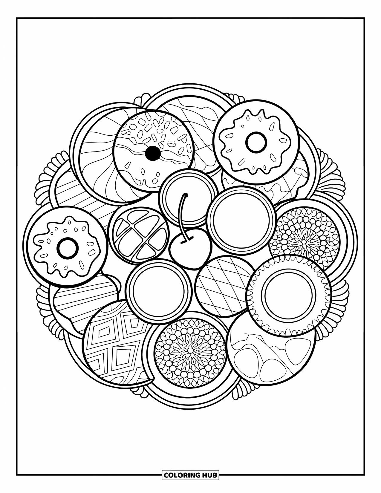 Eten Kleurplaat voor Volwassenen: Een dessertmandala met taarten, taartjes, koekjes en een kers in het midden