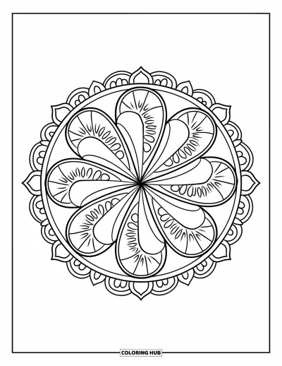 Food Coloring Page for Adults: A fruity mandala featuring slices of orange, kiwi, strawberries, and grapes
