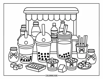 Food Coloring Page for Adults: A fun counter scene with bubble tea, mochi toppings, and syrup bottles with bows