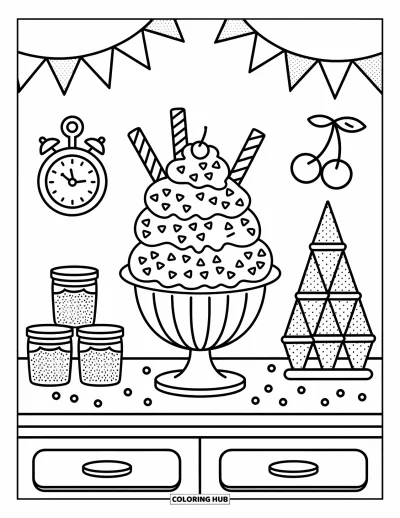 Food Coloring Page for Adults: A fun dessert scene with a big sundae, sprinkle jars, and hanging flags