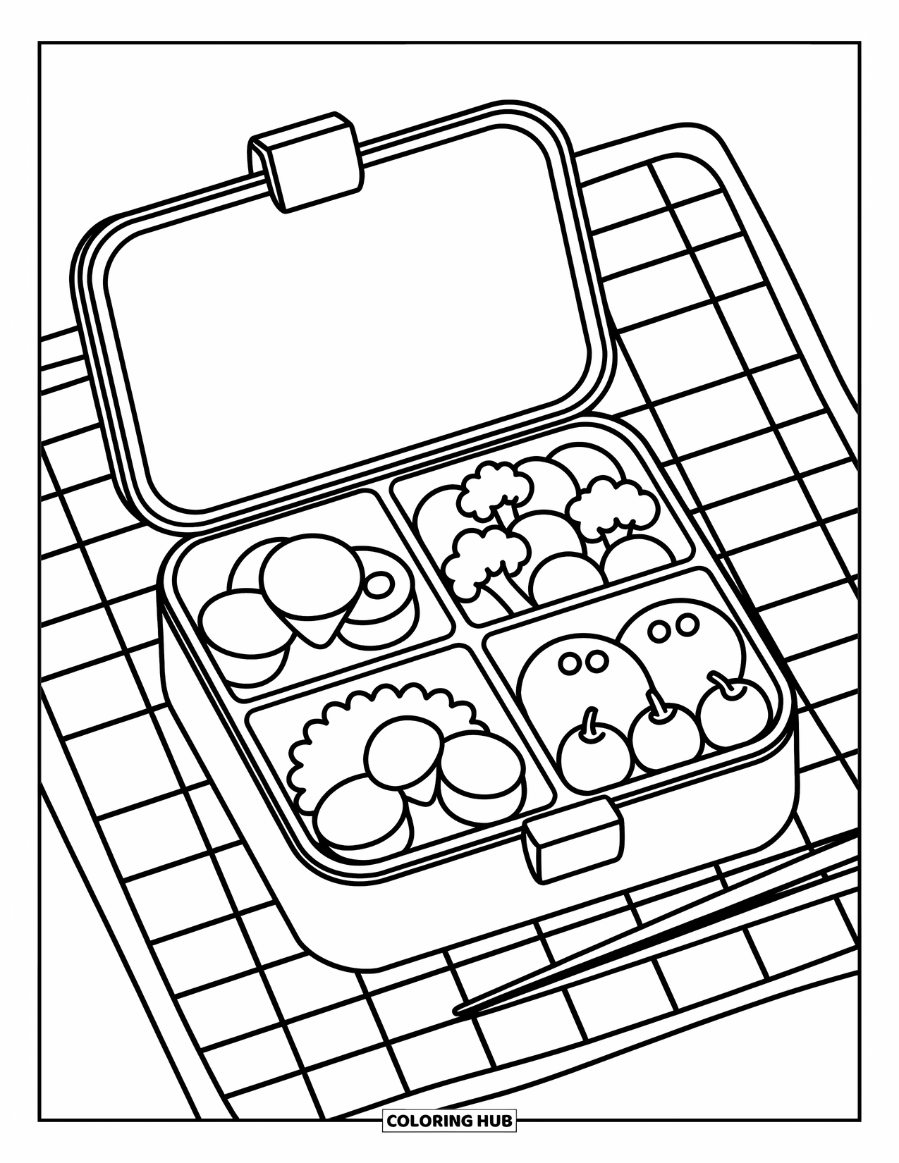 Eten Kleurplaat voor Volwassenen: Een speelse bentobox-scène met schattige voedselvormen en gezellige picknickvibe