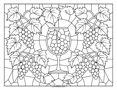 Food Coloring Page for Adults: A relaxing stained glass design with grapevines and a grape-filled wine glass