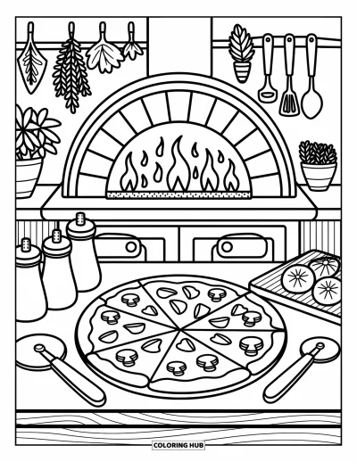 Food Coloring Page for Adults: A rustic pizza counter with cheesy slices, garlic knots, and a glowing oven
