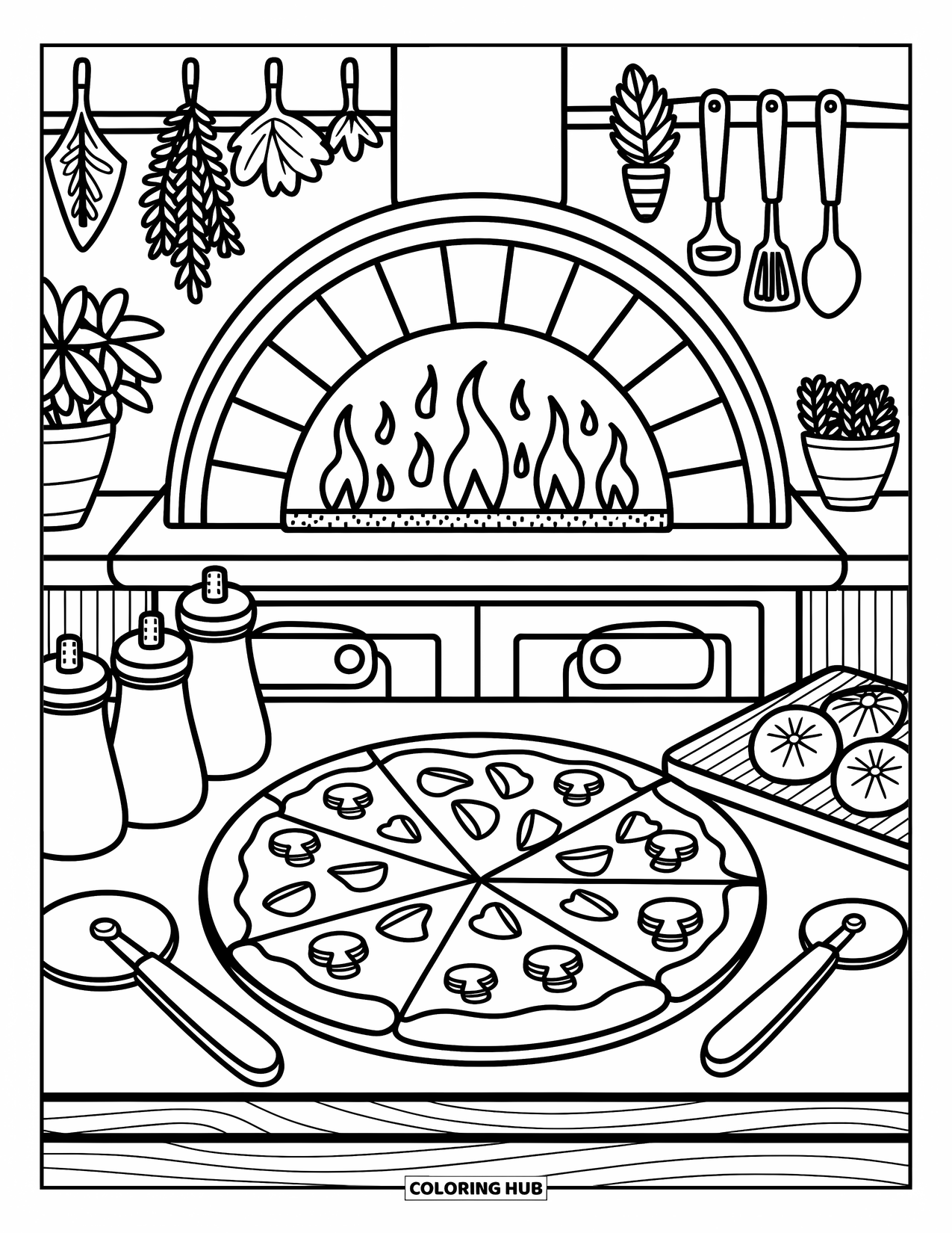 Eten Kleurplaat voor Volwassenen: Een rustieke pizzabalie met plakken vol kaas, knoflookknopen en een gloeiende oven