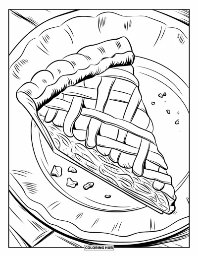 Food Coloring Page for Adults: A slice of pie with crumbs and scratches on a worn plate