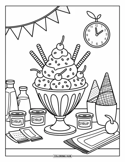Food Coloring Page for Adults: A sundae with three scoops, whipped cream, cherries, and toppings in cute jars