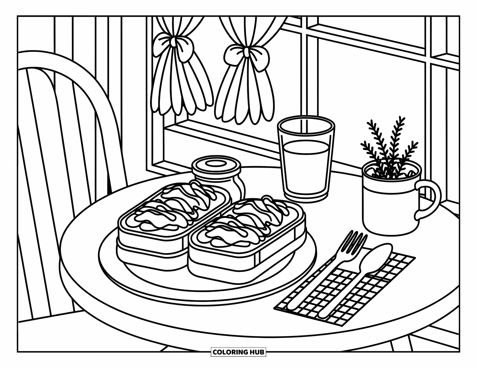Eten Kleurplaat voor Volwassenen: Een warme caféscène met toast, sap en een klein potplantje bij het raam