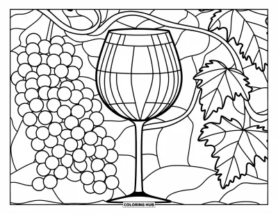 Food Coloring Page for Adults: A wine glass with grapes surrounded by vines in a stained glass design