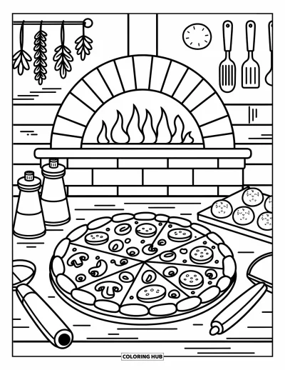Food Coloring Page for Adults: Cheesy pizza and warm garlic knots sit by a glowing oven and hanging herbs