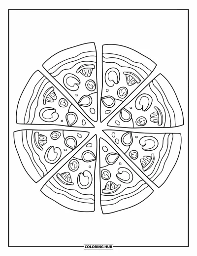 Food Coloring Page for Adults: Cheesy pizza slices arranged in a mandala with repeating toppings