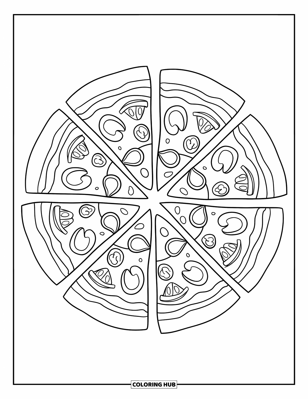 Eten Kleurplaat voor Volwassenen: Pizza punten vol kaas gerangschikt in een mandala met herhalende toppings