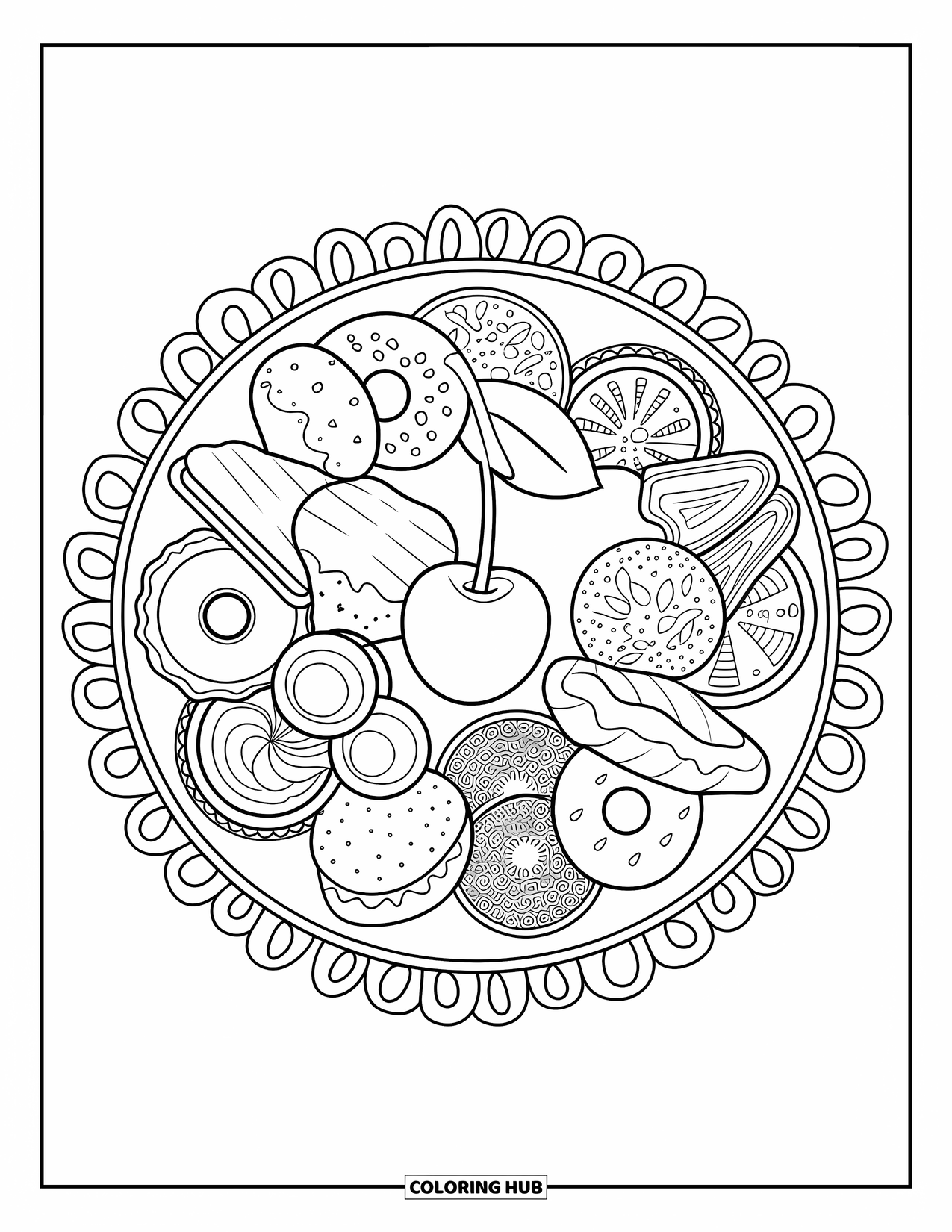 Eten Kleurplaat voor Volwassenen: Kersgecentreerde mandala van verschillende desserts met een decoratieve rand