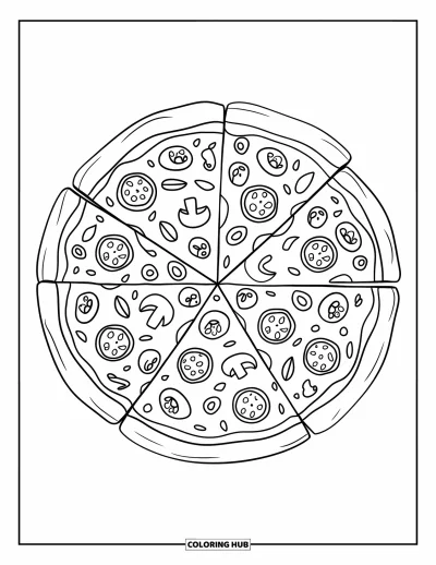 Food Coloring Page for Adults: Circular pizza mandala with toppings like pepperoni, mushrooms, and olives