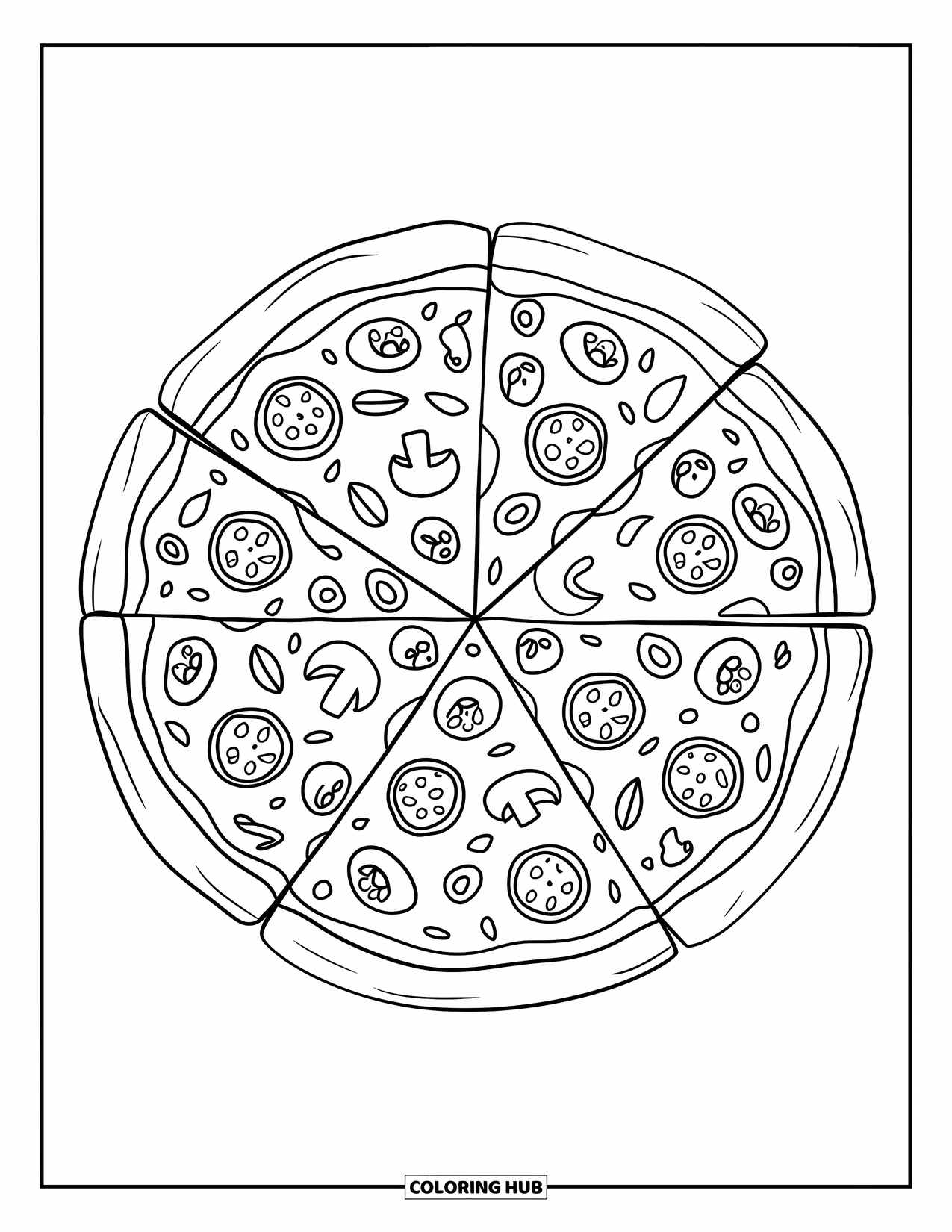 Eten Kleurplaat voor Volwassenen: Cirkelvormige pizza mandala met toppings zoals pepperoni, champignons en olijven