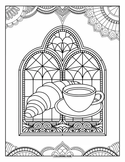 Food Coloring Page for Adults: Croissant and café cup inside detailed stained glass arches with artistic patterns