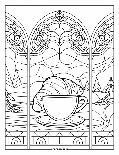 Food Coloring Page for Adults: Croissant and café cup surrounded by floral arches and a peaceful outdoor view