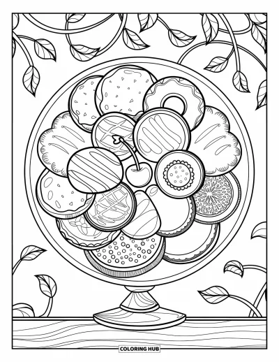 Food Coloring Page for Adults: Dessert platter with sweets in a circular design and leafy background