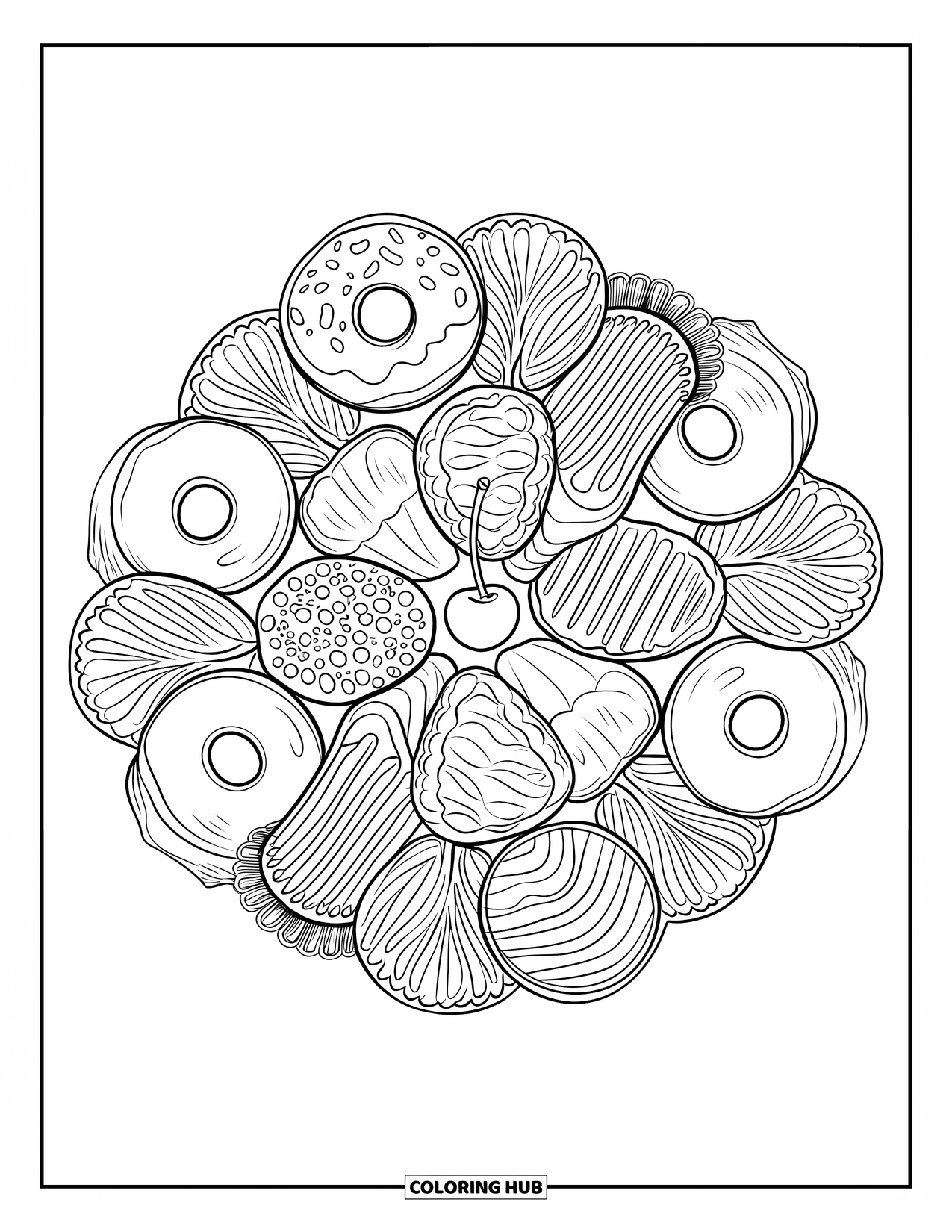 Eten Kleurplaat voor Volwassenen: Desserts zoals donuts en koekjes die in een cirkel rond een kers draaien in een leuke mandala