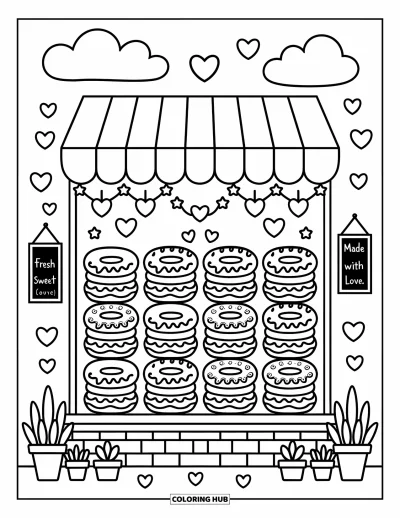 Food Coloring Page for Adults: Display of donuts with icing and sprinkles in a sweet bakery with cozy signs