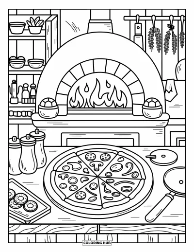 Food Coloring Page for Adults: Fresh pizza, garlic knots, and kitchen tools by a cozy oven in a rustic pizzeria