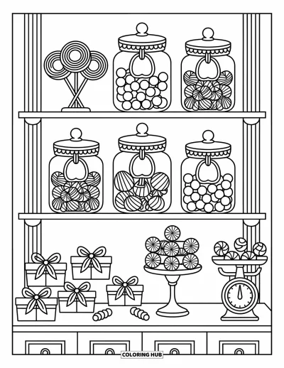 Food Coloring Page for Adults: Glass jars packed with sweets, charming tags, and a candy-filled counter below