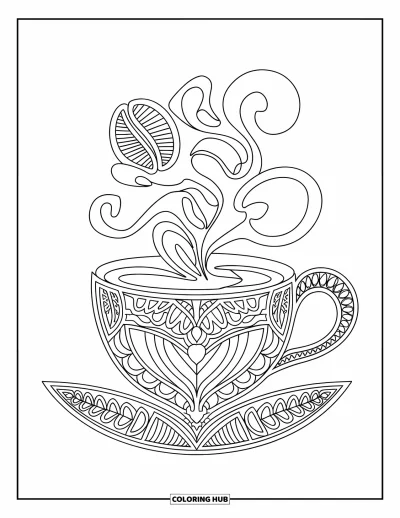Food Coloring Page for Adults: Layered mandala of coffee beans and teacups with steam and leaf designs