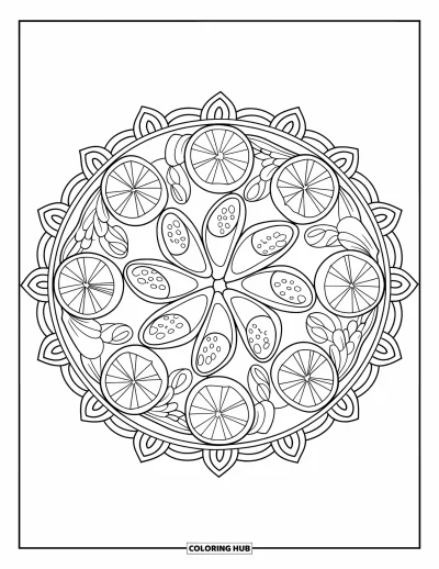 Food Coloring Page for Adults: Mandala of orange, kiwi, strawberry, and grape slices with a decorative border