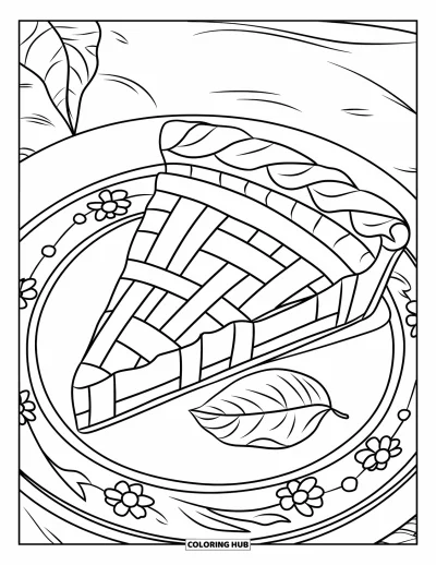 Food Coloring Page for Adults: Pie slice on a floral plate with a leaf and berry in mosaic design