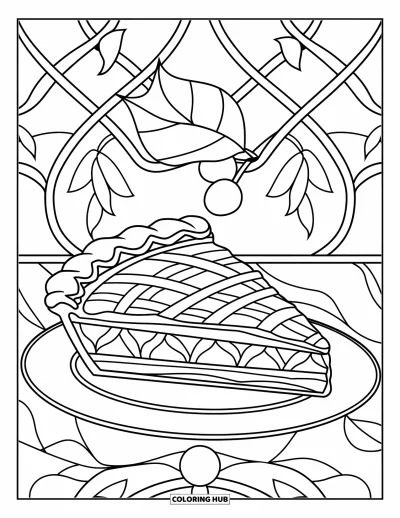 Food Coloring Page for Adults: Pie slice with a fancy lattice crust on a plate in stained glass style