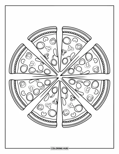 Food Coloring Page for Adults: Pizza slice mandala with different toppings in a fun circular layout