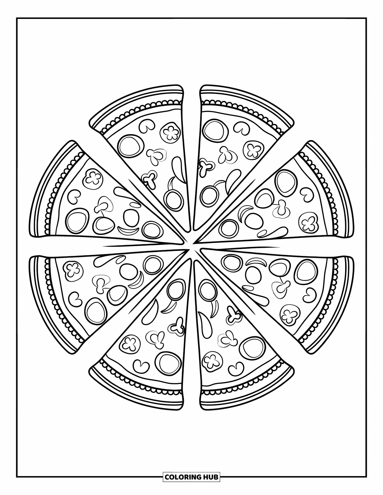 Eten Kleurplaat voor Volwassenen: Pizza punt mandala met verschillende toppings in een leuke cirkelvormige lay-out