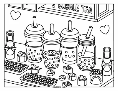 Food Coloring Page for Adults: Playful bubble tea cups, toppings, and cute jars create a fun drink station scene