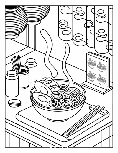 Food Coloring Page for Adults: Ramen noodles with eggs and seaweed in a warm scene with jars and lanterns