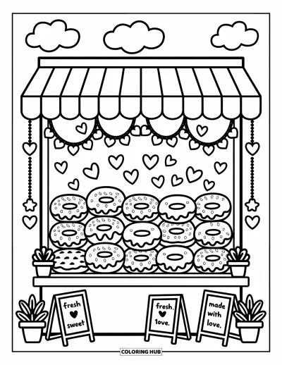 Food Coloring Page for Adults: Stacked donuts behind a bakery window with hearts, stars, and sweet signs