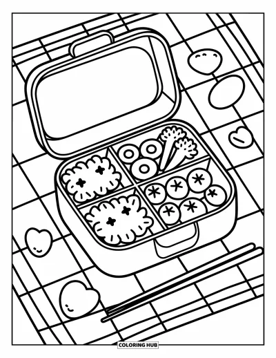 Food Coloring Page for Adults: Star-shaped rice and mini sausages in a bento box set on a picnic cloth
