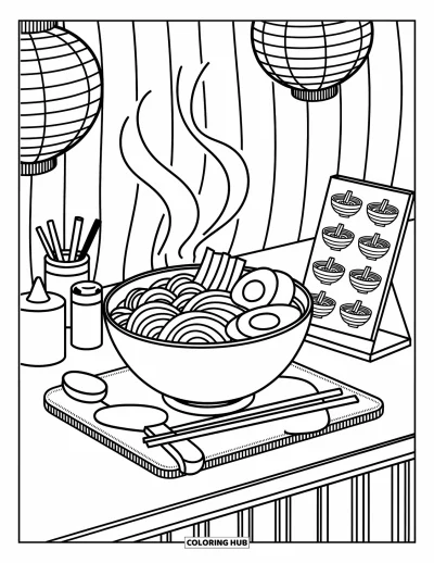 Food Coloring Page for Adults: Steaming ramen with tasty toppings sits on a counter with lanterns and condiments