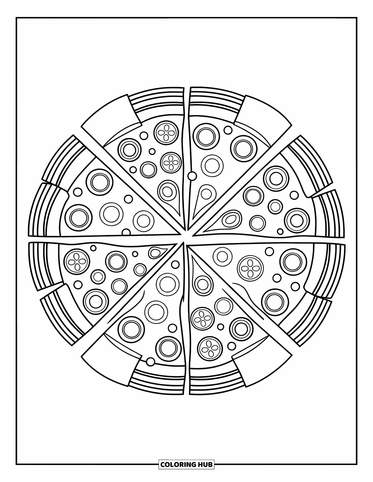 Eten Kleurplaat voor Volwassenen: Symmetrische pizza punt mandala met een verscheidenheid aan toppings en rand