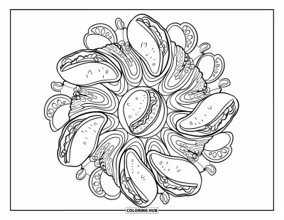Food Coloring Page for Adults: Taco and nacho mandala with guacamole bowls and lime wedges in a circular layout