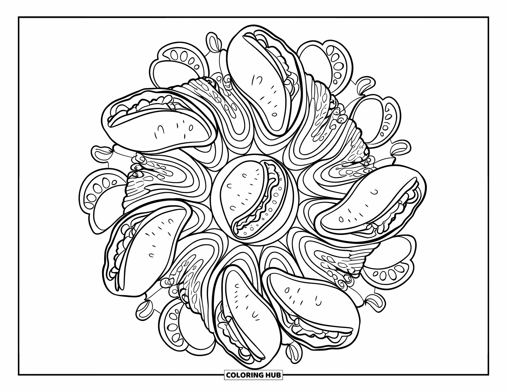 Eten Kleurplaat voor Volwassenen: Taco- en nacho mandala met guacamolekommen en limoenpartjes in een cirkelvormige lay-out