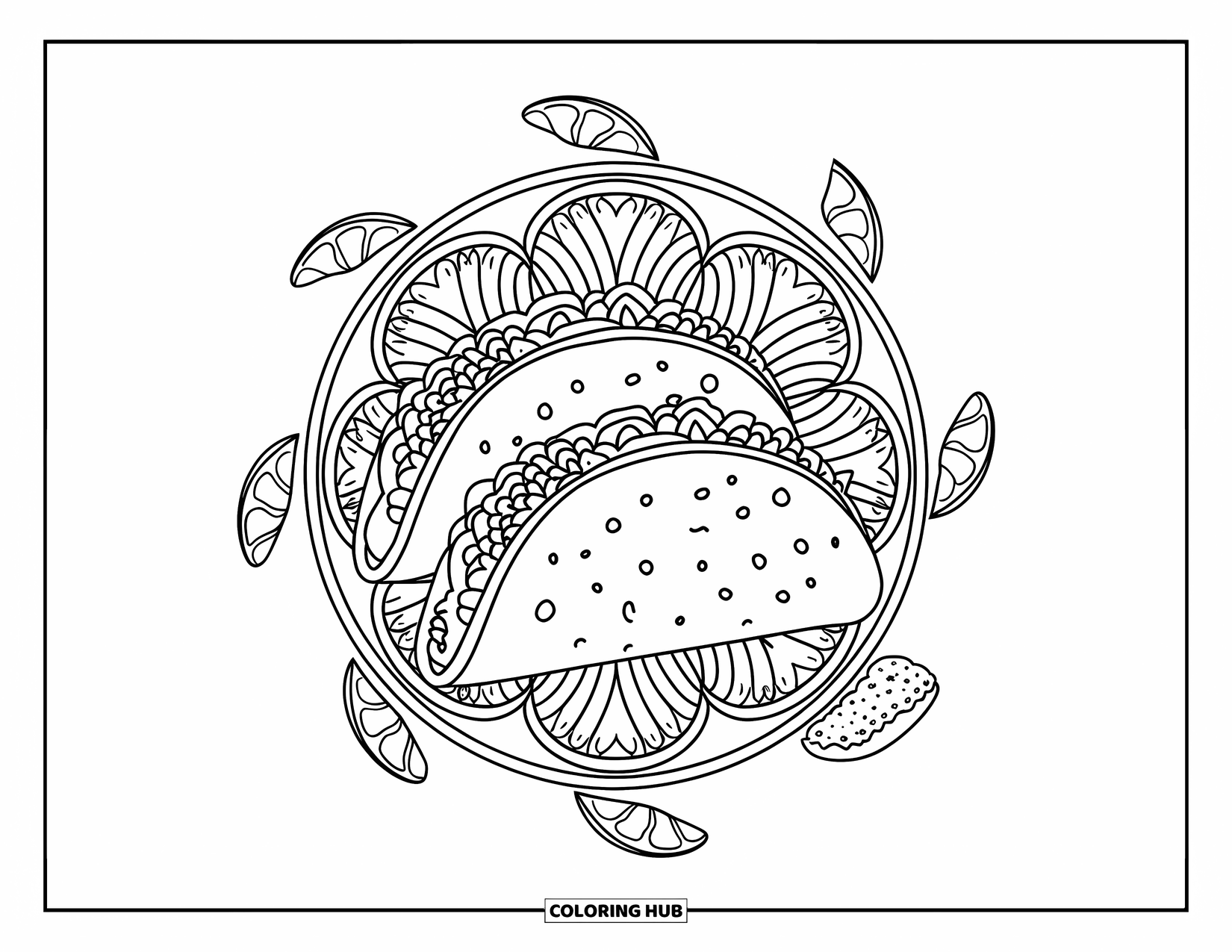 Eten Kleurplaat voor Volwassenen: Taco- en nachopatronen in een leuke cirkelvormige mandala met limoenen en guacamole