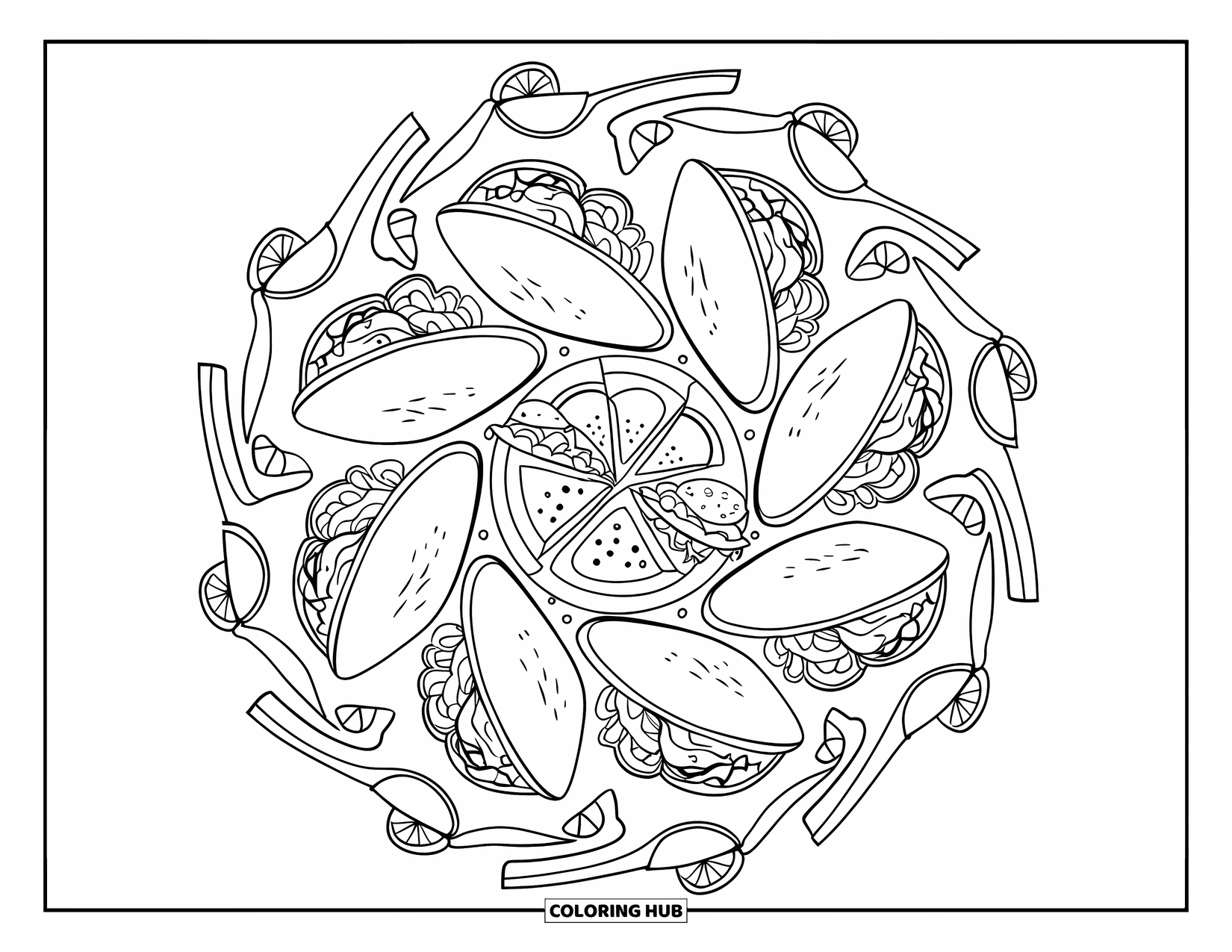 Eten Kleurplaat voor Volwassenen: Taco's en nacho's gerangschikt in een leuke mandala met guacamole en limoenpartjes