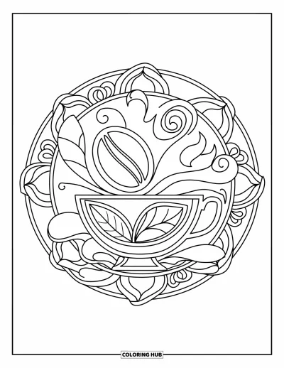 Food Coloring Page for Adults: Teacup and coffee bean mandala with swirling steam and leafy patterns