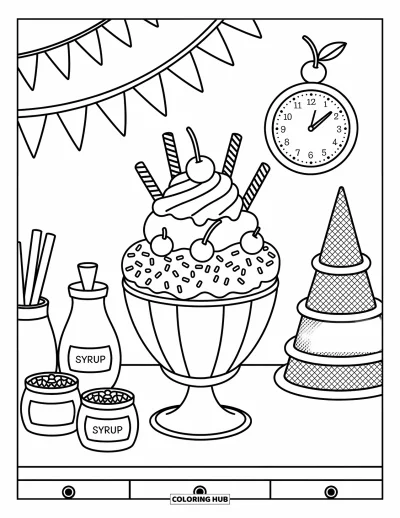 Food Coloring Page for Adults: Triple-scoop sundae with toppings, cones, and a cherry-shaped clock on the wall