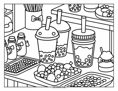 Food Coloring Page for Adults: Whimsical bubble tea cups with toppings, straws, and cute syrup bottles on display