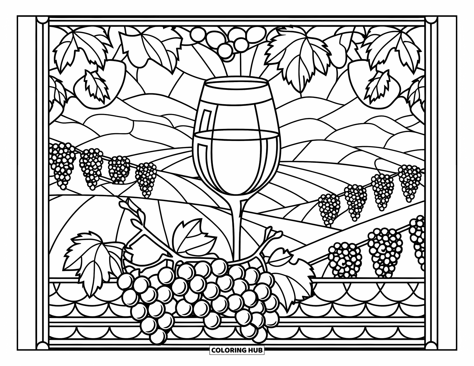 Eten Kleurplaat voor Volwassenen: Wijnglas en wijnranken met een schilderachtige heuvelachtige achtergrond in glas-in-loodstijl