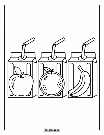 Food Coloring Page for Kids: Apple, orange, and banana juice boxes neatly lined up