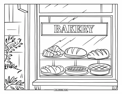 Food Coloring Page for Kids: Bakery window filled with pies, croissants, and bread loaves