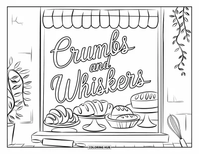 Food Coloring Page for Kids: Bakery window labeled "Crumbs and Whiskers" with breads and baking tools