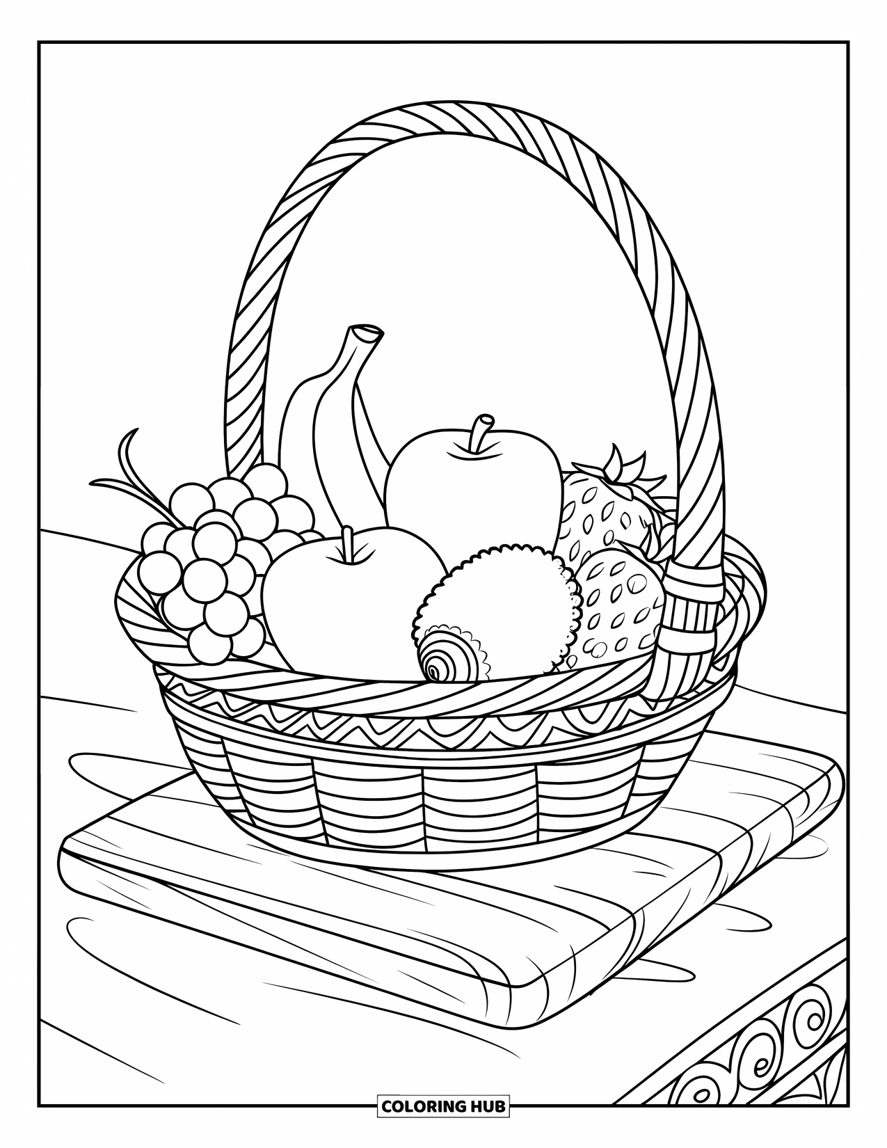 Kleurplaat Eten voor Kinderen: Mand vol fruit met mooie patronen op het bord