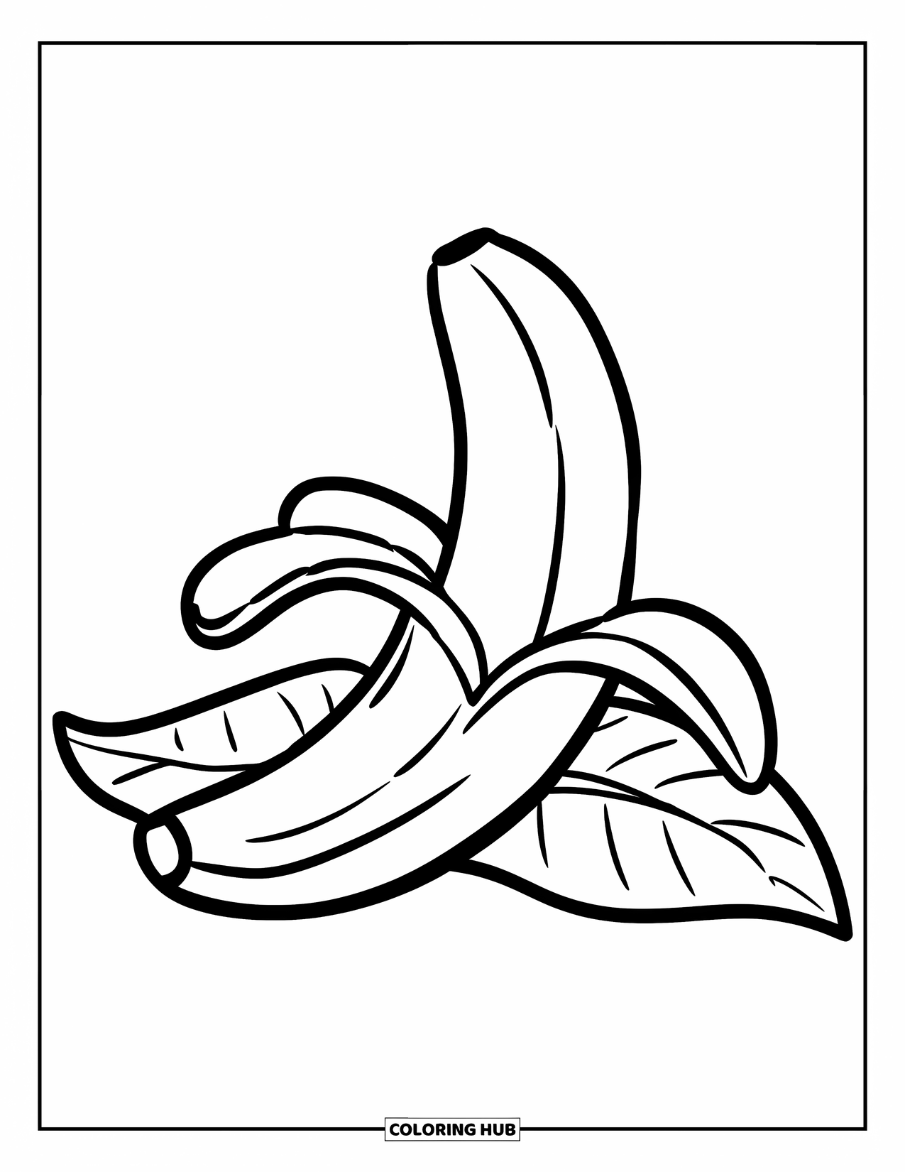 Kleurplaat Eten voor Kinderen: Grote banaan half geschild, rustend op een blad
